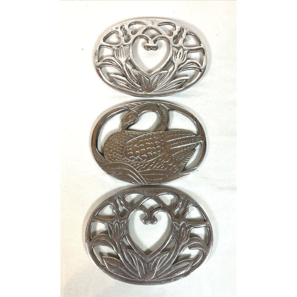 Vtg Rare Three Pewter Trivets 2 Hearts 1 Swan Vari Disenos Ismael Valenzuela